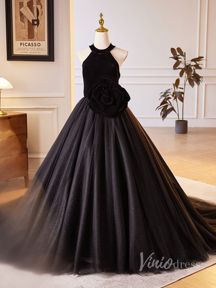 Black Rosette Sparkly Tulle Prom Dresses Halter Neck Velvet Bodice 90029-prom dresses 2025 -Viniodress-Black-Custom Size-