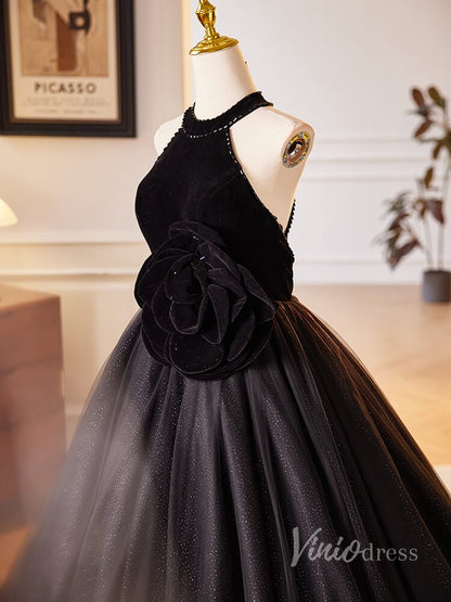 Black Rosette Sparkly Tulle Prom Dresses Halter Neck Velvet Bodice 90029-prom dresses 2025 -Viniodress-Black-Custom Size-