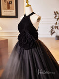 Black Rosette Sparkly Tulle Prom Dresses Halter Neck Velvet Bodice 90029-prom dresses-Viniodress-Viniodress