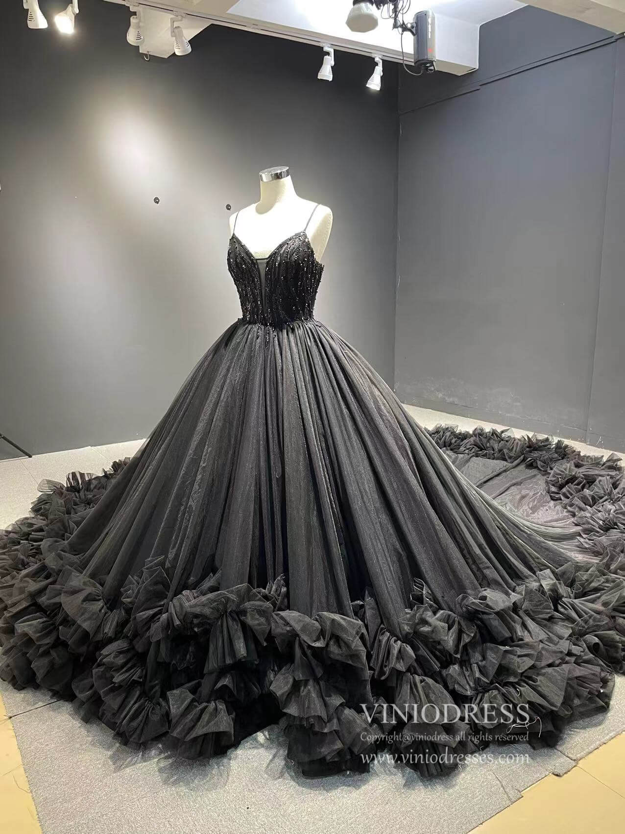 blue dress for baby girl Black Ruffle Ball Gown Wedding Dresses Spaghetti Strap V-neck 222197 –  Viniodress