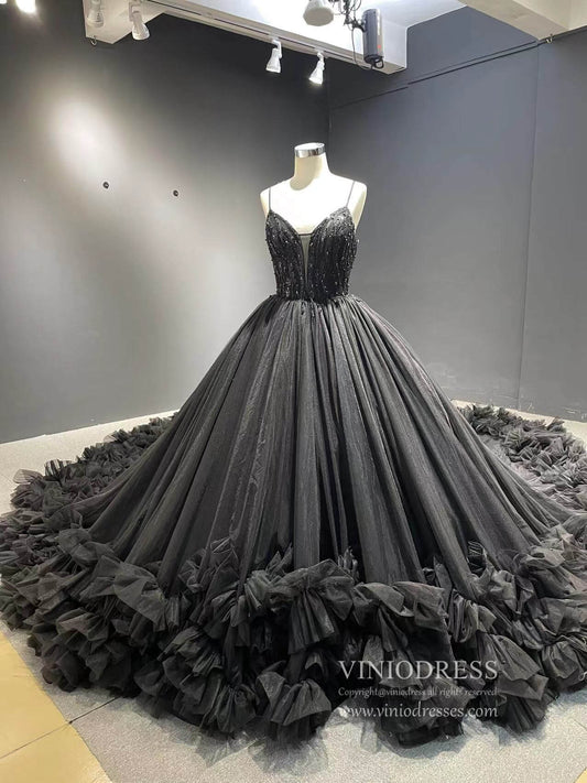 Black Ruffle Ball Gown Wedding Dresses Spaghetti Strap V-neck 222197-Quinceanera Dresses 2025 -Viniodress-Black-Custom Size-
