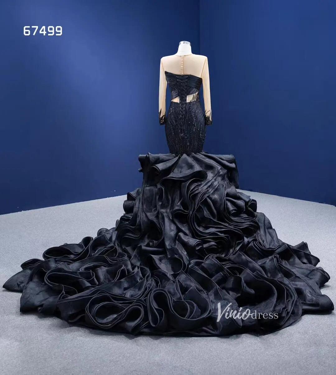 Black Ruffle Mermaid Wedding Dress Trumpet Pageant Dress 67499-prom dresses 2025 -Viniodress-Black-Custom Size-