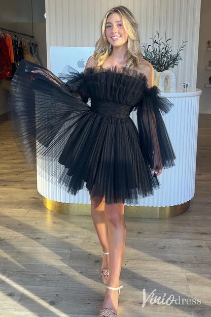 Black Ruffle Pleated Homecoming Dresses Tulle A-Line Short Prom Dress SD1653-Homecoming Dresses 2025 -Viniodress-Black-Custom Size-