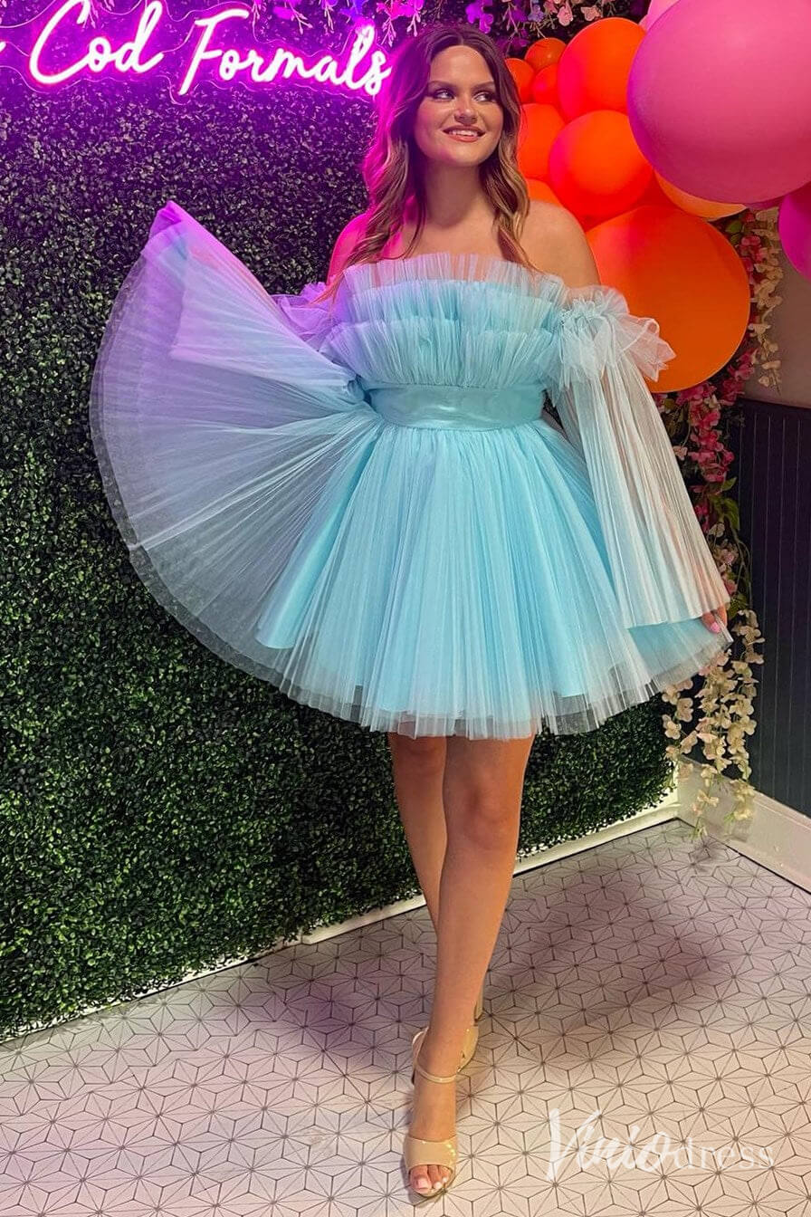 Black Ruffle Pleated Homecoming Dresses Tulle A-Line Short Prom Dress SD1653-Homecoming Dresses 2025 -Viniodress-Light Blue-Custom Size-