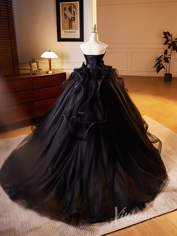 Black Ruffled 3D Flower Rosette Prom Dresses Strapless Tulle Quinceanera Dress 90028-prom dresses 2025 -Viniodress-Black-Custom Size-