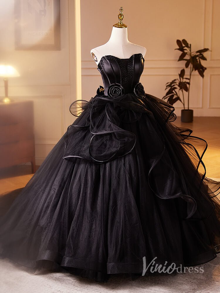 Black Ruffled 3D Flower Rosette Prom Dresses Strapless Tulle Quinceanera Dress 90028-prom dresses 2025 -Viniodress-Black-Custom Size-