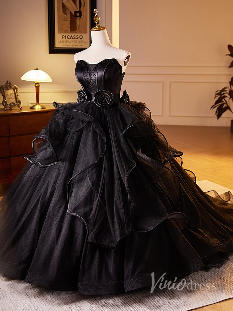 Black Ruffled 3D Flower Rosette Prom Dresses Strapless Tulle Quinceanera Dress 90028-prom dresses 2025 -Viniodress-Black-Custom Size-
