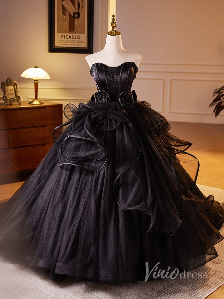 Black Ruffled 3D Flower Rosette Prom Dresses Strapless Tulle Quinceanera Dress 90028-prom dresses 2025 -Viniodress-Black-Custom Size-