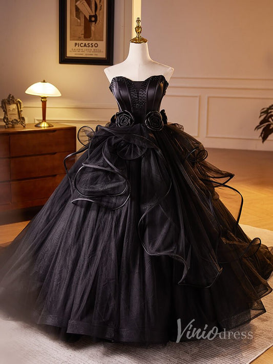 Black Ruffled 3D Flower Rosette Prom Dresses Strapless Tulle Quinceanera Dress 90028 - Viniodressprom dressesBlackCustom Size - Formal Dresses - Ball Gowns