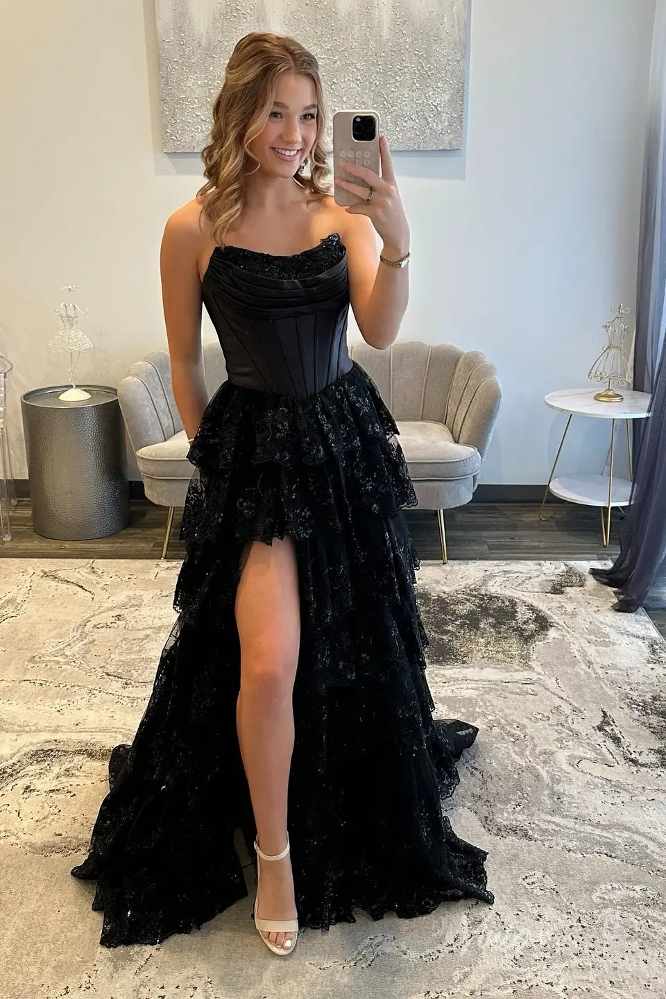 Black Ruffled Lace Corset Prom Dress with High Slit & Tiered Skirt RF1 Viniodress Black Ruffled Lace Corset Prom Dress with High Slit & Tiered Skirt RF1 Viniodress