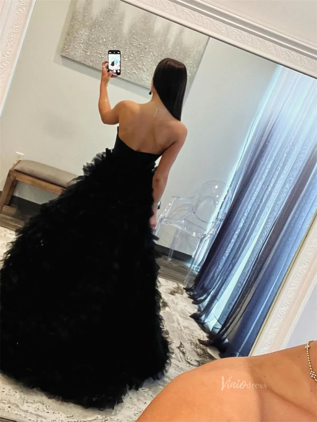 Black Ruffled Tulle Prom Dresses with Slit, Sweetheart neck & 3D Flower - FD3750-prom dresses 2025 -Viniodress-Black-Custom Size-