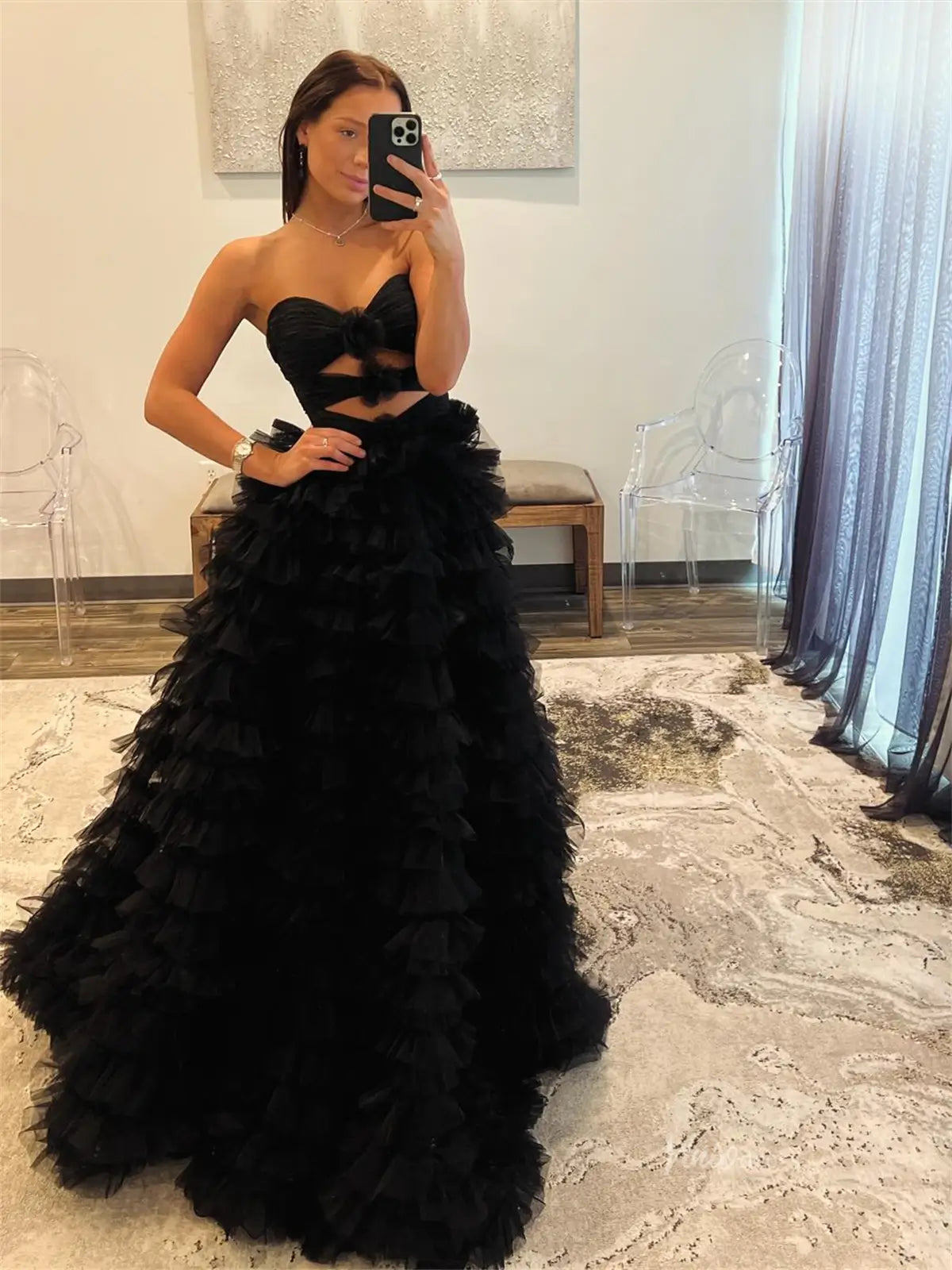 Black Ruffled Tulle Prom Dresses with Slit, Sweetheart neck & 3D Flowe Viniodress Black Ruffled Tulle Prom Dresses with Slit, Sweetheart neck & 3D Flowe Viniodress