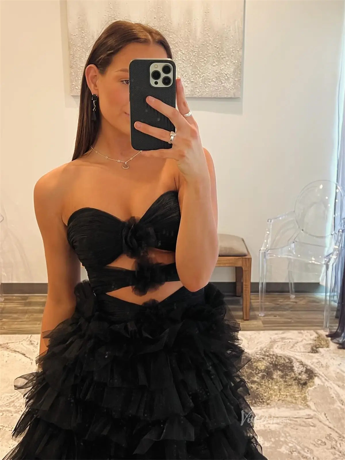 Black Ruffled Tulle Prom Dresses with Slit, Sweetheart neck & 3D Flower - FD3750-prom dresses 2025 -Viniodress-Black-Custom Size-