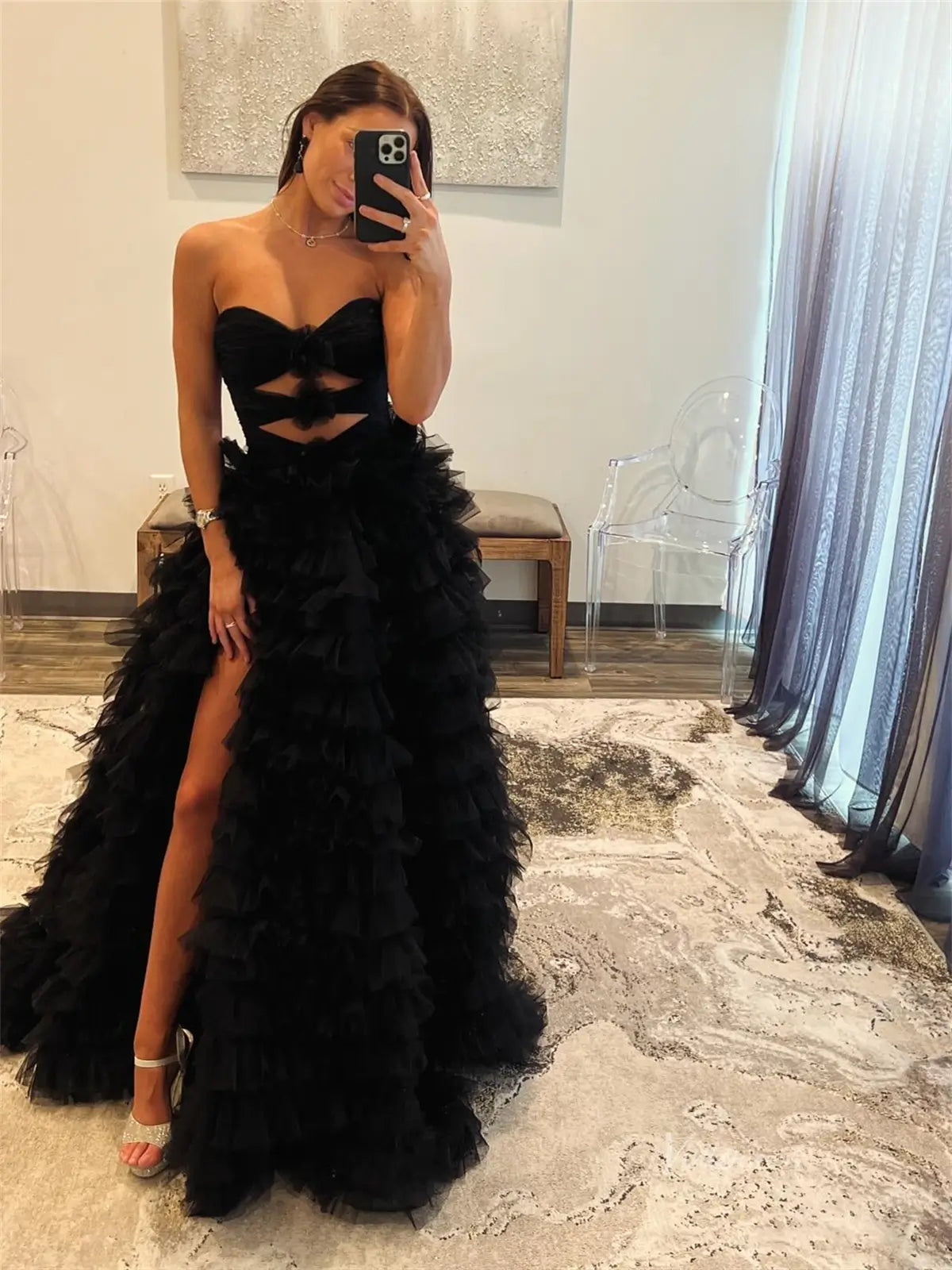 Black Ruffled Tulle Prom Dresses with Slit, Sweetheart neck & 3D Flower - FD3750-prom dresses 2025 -Viniodress-Black-Custom Size-