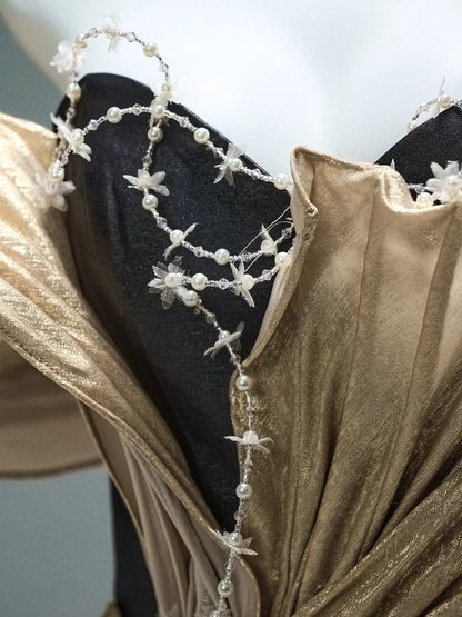 Black Satin A-Line Formal Gown with Gold Overskirt, Pearl String & Sweetheart Neckline - CQ0109-Couture Gown 2025 -Viniodress-Black-Custom Size-