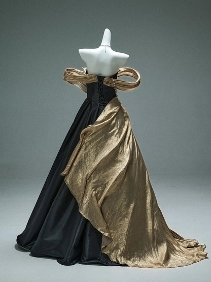 Black Satin A-Line Formal Gown with Gold Overskirt, Pearl String & Sweetheart Neckline - CQ0109-Couture Gown 2025 -Viniodress-Black-Custom Size-