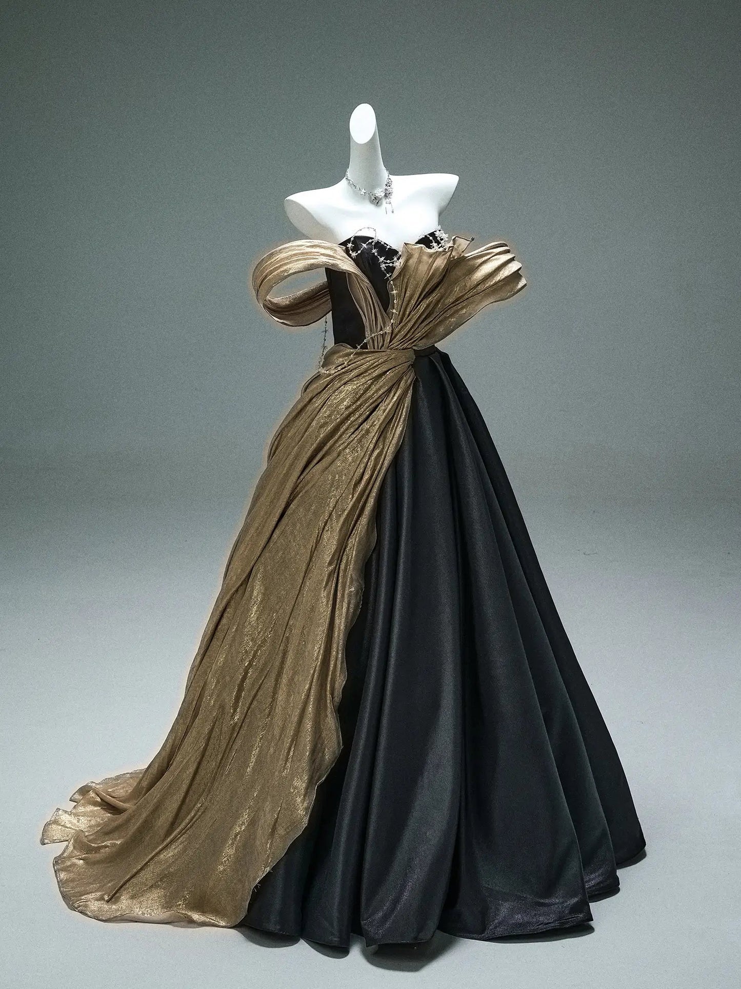 Black Satin A-Line Formal Gown with Gold Overskirt, Pearl String & Sweetheart Neckline - CQ0109-Couture Gown 2025 -Viniodress-Black-Custom Size-