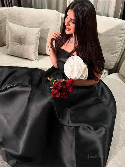 Black Satin A-Line Prom Dresses 2025 with 3D Flower – FD5207-prom dresses 2025 -Viniodress-Black-Custom Size-