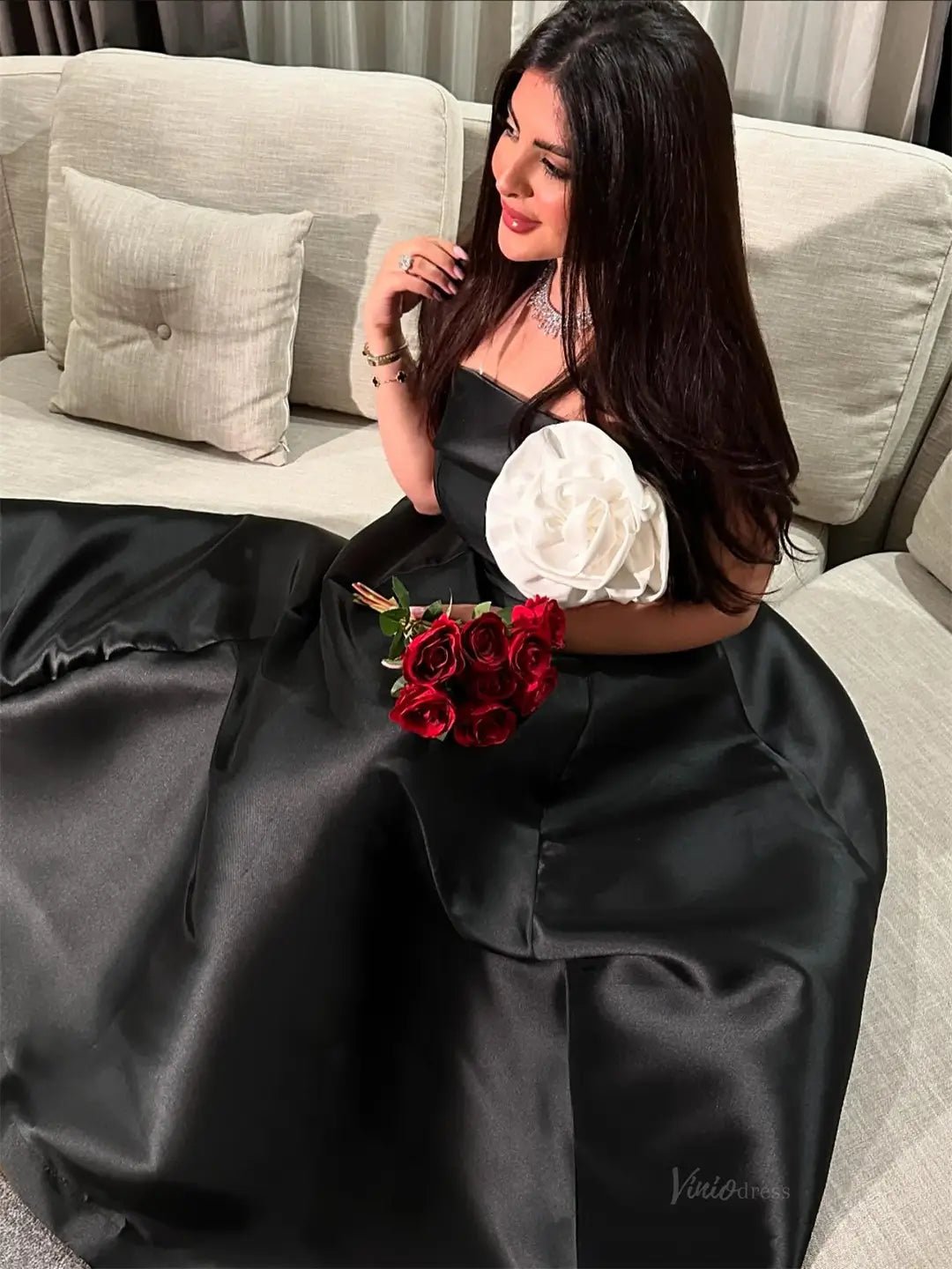 Black Satin A - Line Prom Dresses 2025 with 3D Flower – FD5207 - Viniodressprom dressesBlackCustom Size - Formal Dresses - Ball Gowns