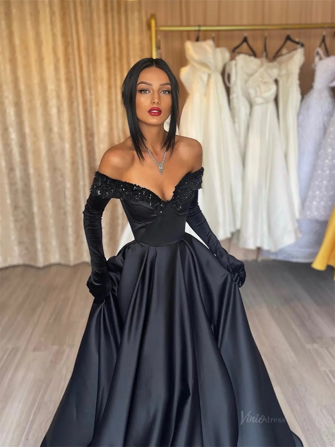 Black Satin A-Line Prom Dresses 2025 with Glove & Sweetheart Neck – FD5221-prom dresses 2025 -Viniodress-Black-Custom Size-
