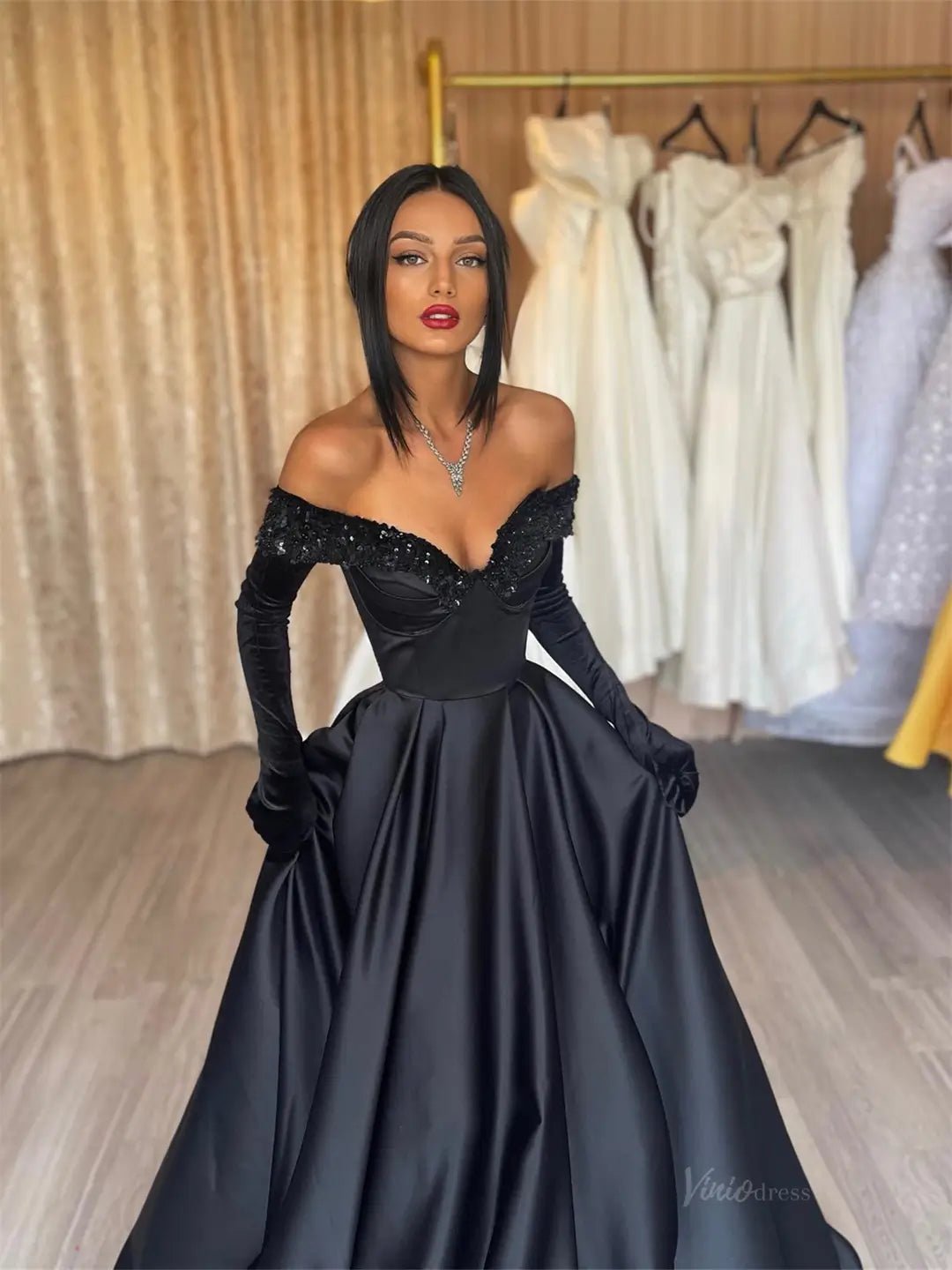 Black Satin A - Line Prom Dresses 2025 with Glove & Sweetheart Neck – FD5221 - Viniodressprom dressesBlackCustom Size - Formal Dresses - Ball Gowns