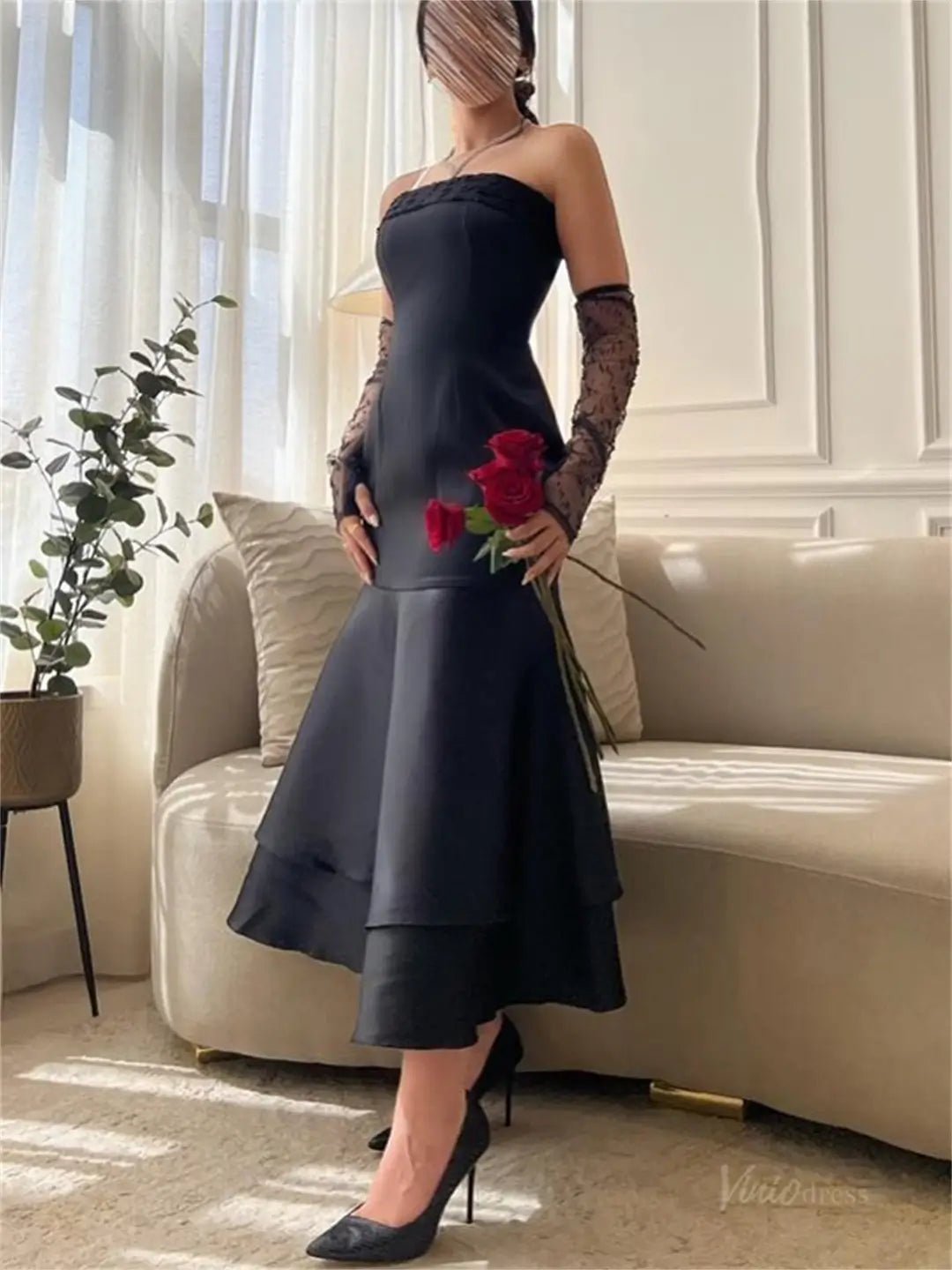 Black Satin Ankle-Length Prom Dresses Strapless Formal Dress – FD5206-prom dresses 2025 -Viniodress-Black-Custom Size-
