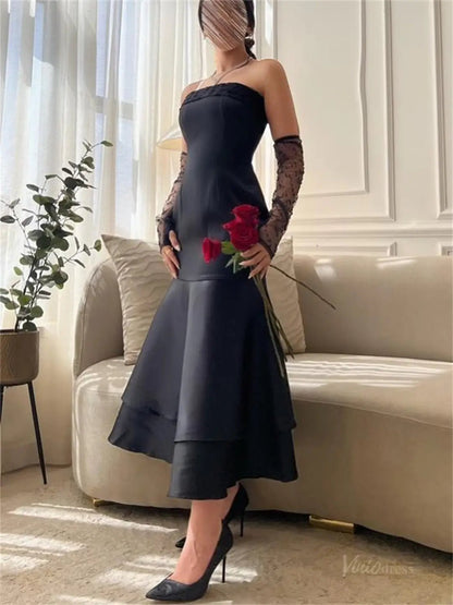 Black Satin Ankle-Length Prom Dresses Strapless Formal Dress – FD5206-prom dresses 2025 -Viniodress-Black-Custom Size-