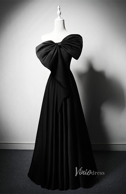 Black Satin Bow Tie Prom Dresses Strapless Formal Dress AD1218-prom dresses 2025 -Viniodress-Black-Custom Size-