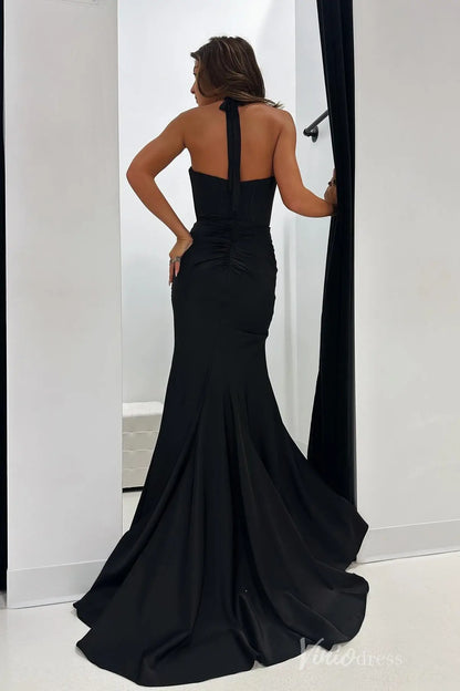 Black Satin Mermaid Prom Dress with Criss-Cross Halter Neck, Corset Bodice, High Slit and Sweep Train – SS009-prom dresses 2025 -Viniodress-Black-Custom Size-