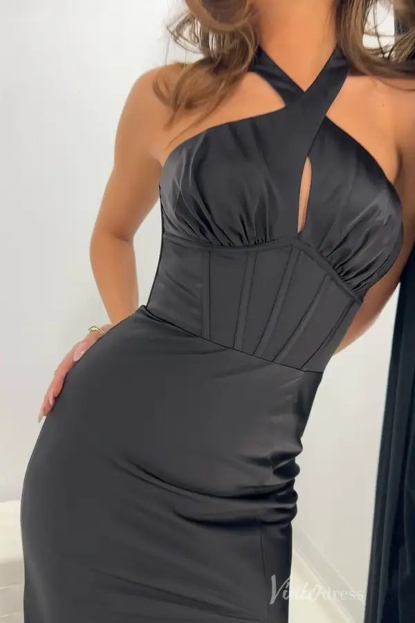 Black Satin Mermaid Prom Dress with Criss-Cross Halter Neck, Corset Bodice, High Slit and Sweep Train – SS009-prom dresses 2025 -Viniodress-Black-Custom Size-