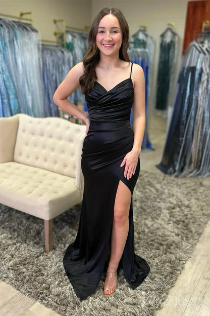Black Satin Mermaid Prom Dress with High Slit, Spaghetti Straps, Draped Bodice – SS028-Evening Dresses 2025 -Viniodress-Black-Custom Size-