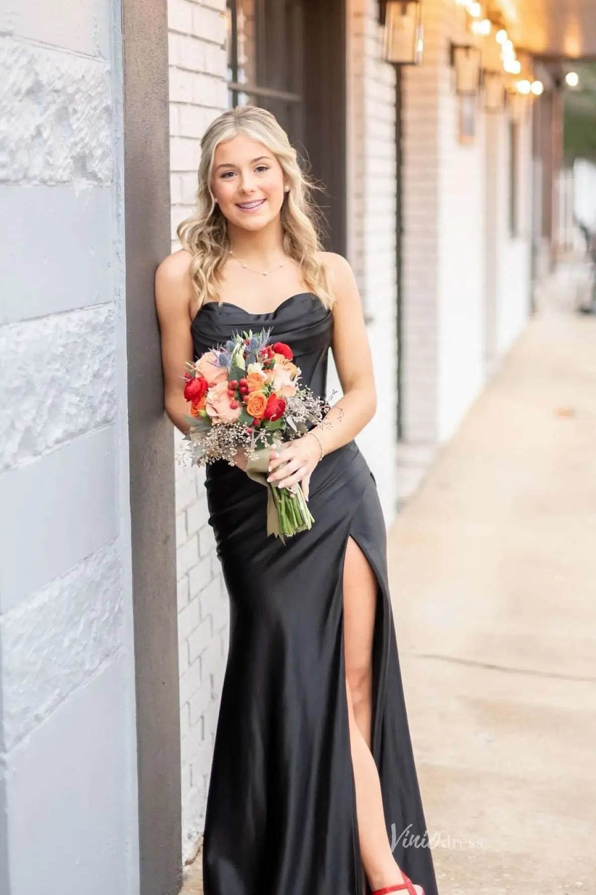 Black Satin Mermaid Prom Dress with Spaghetti Straps, Draped Bodice & Slit-prom dresses 2026-Viniodress-Black-Custom Size-