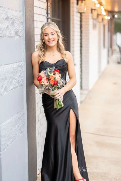 Black Satin Mermaid Prom Dress with Spaghetti Straps, Draped Bodice & Slit-prom dresses 2026-Viniodress-Black-Custom Size-
