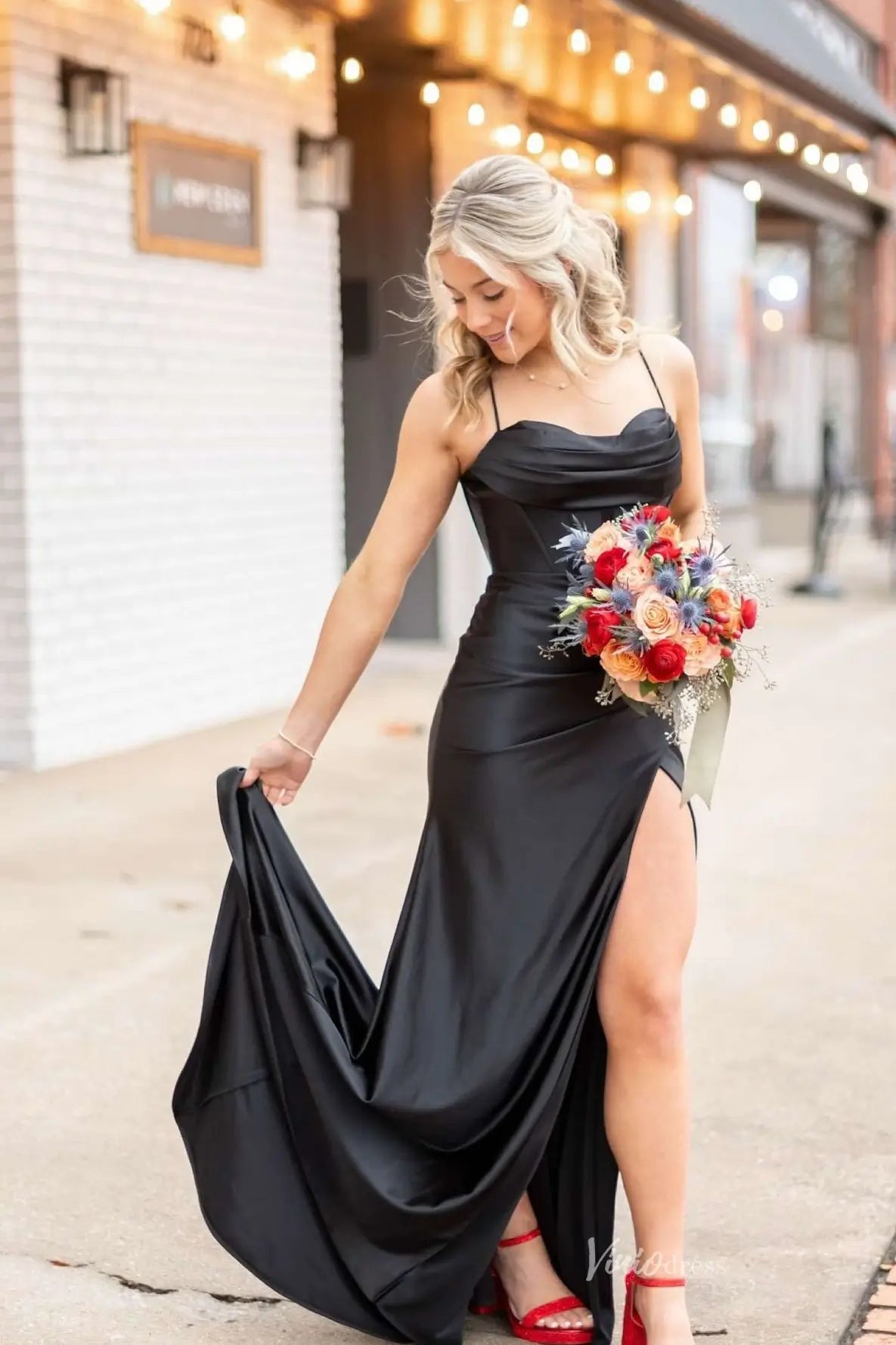 Black Satin Mermaid Prom Dress with Spaghetti Straps, Draped Bodice & Slit-prom dresses 2026-Viniodress-Black-Custom Size-