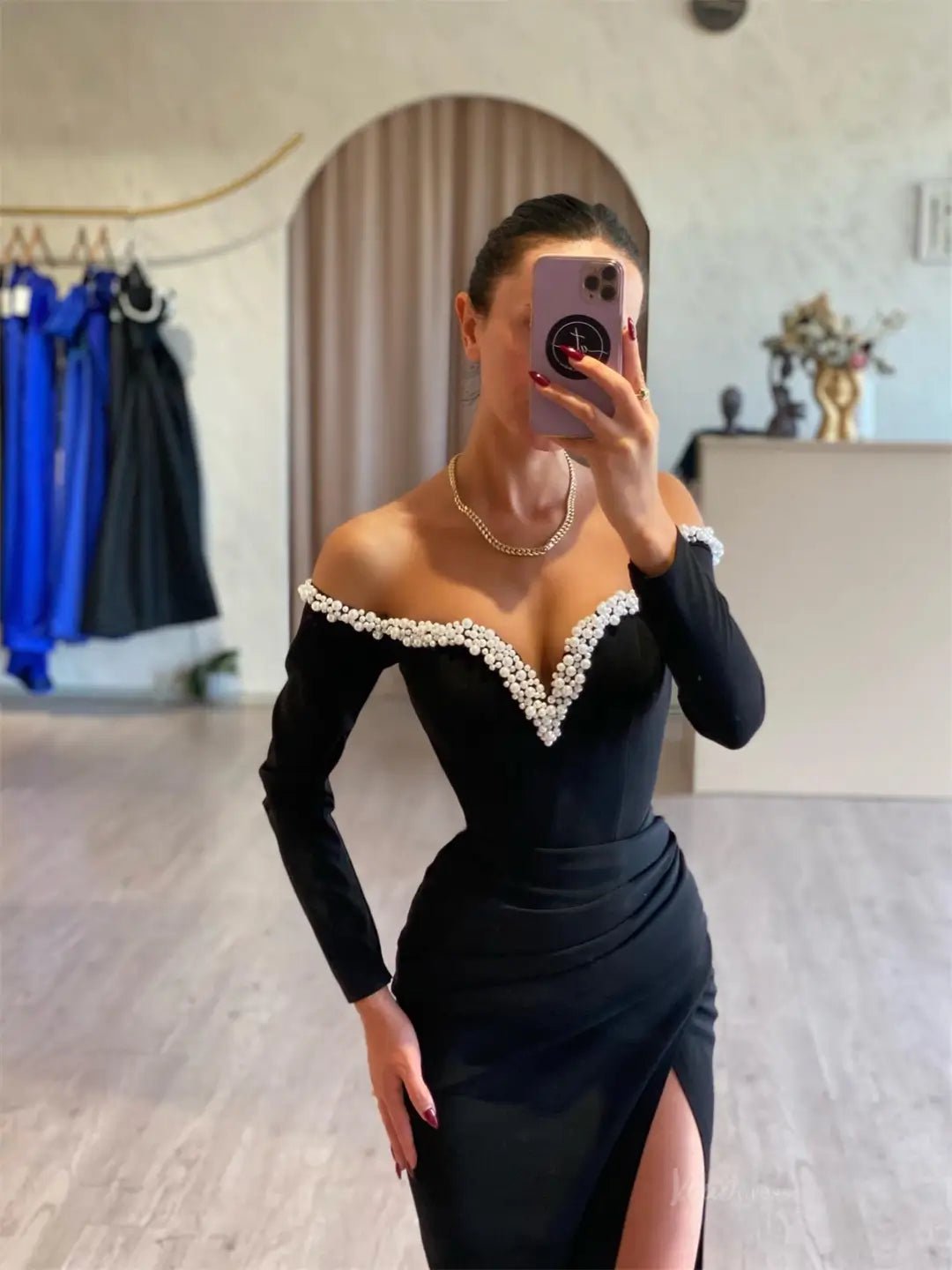 Black Satin Mermaid Prom Dresses 2025 Long Sleeve Formal Gown with High Slit FD5251-prom dresses 2025 -Viniodress-Black-Custom Size-