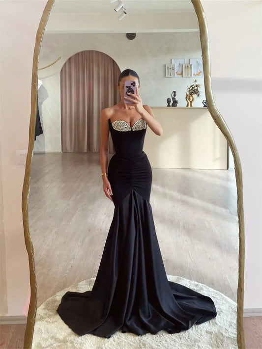 Black Satin Mermaid Prom Dresses 2025 Strapless Formal Gown with Beaded Sweetheart Neck FD5241-prom dresses 2025 -Viniodress-Black-Custom Size-