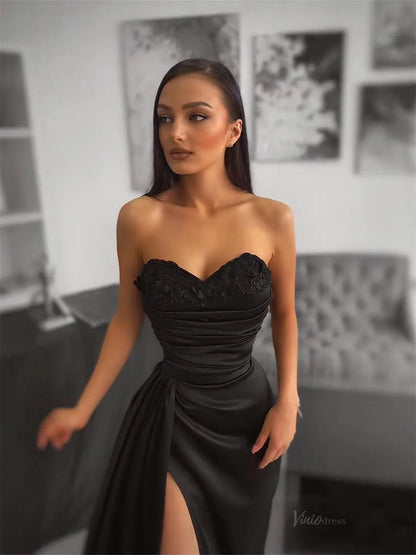 Black Satin Mermaid Prom Dresses 2025 Sweetheart Neck Formal Gown with High Slit FD5253-prom dresses 2025 -Viniodress-Black-Custom Size-