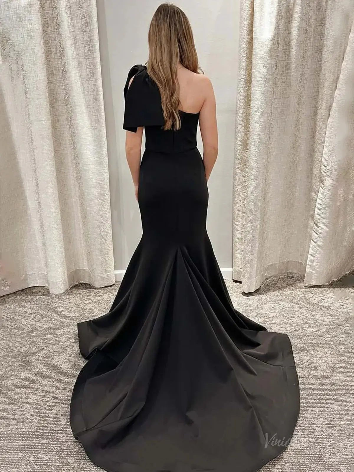 Black Satin Mermaid Prom Dresses 2025 with Bow & One Shoulder – FD5054 - Viniodressprom dressesBlackCustom Size - Formal Dresses - Ball Gowns