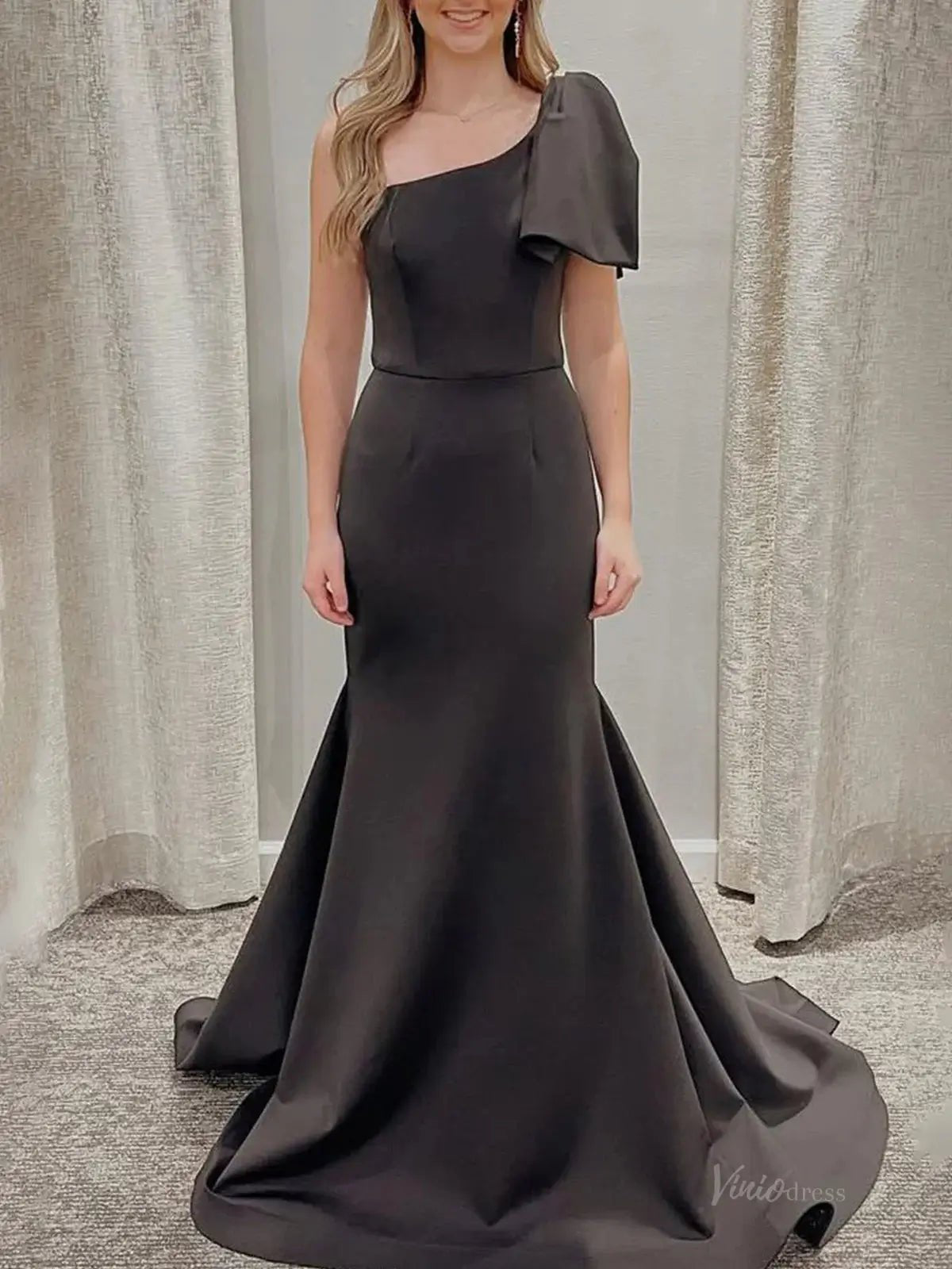 Black Satin Mermaid Prom Dresses 2025 with Bow & One Shoulder – FD5054 - Viniodressprom dressesBlackCustom Size - Formal Dresses - Ball Gowns