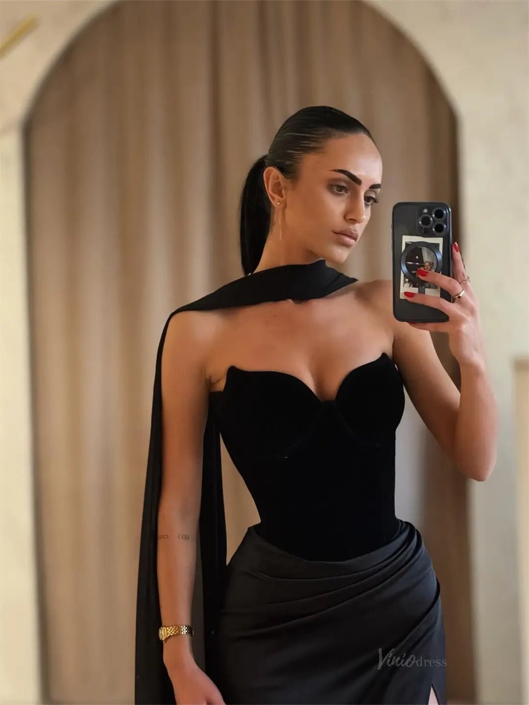 Black Satin Mermaid Prom Dresses 2025 with Shawl, Slit & Sweetheart Neck – FD5218-prom dresses 2025 -Viniodress-Black-Custom Size-