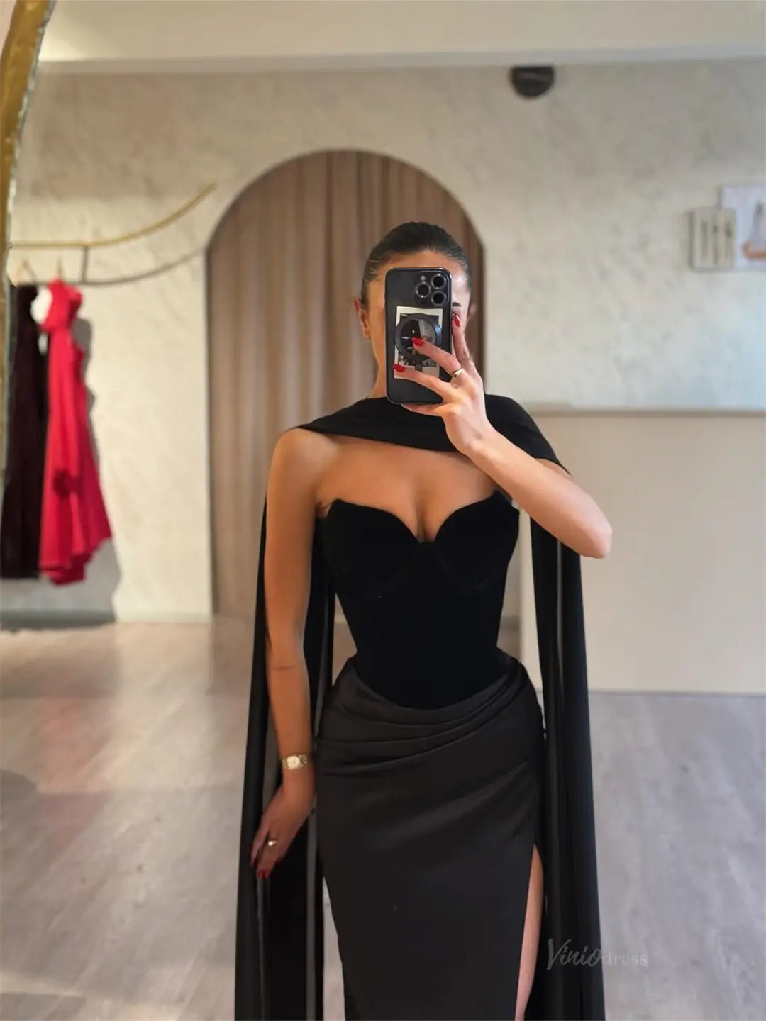 Black Satin Mermaid Prom Dresses 2025 with Shawl, Slit & Sweetheart Neck – FD5218-prom dresses 2025 -Viniodress-Black-Custom Size-