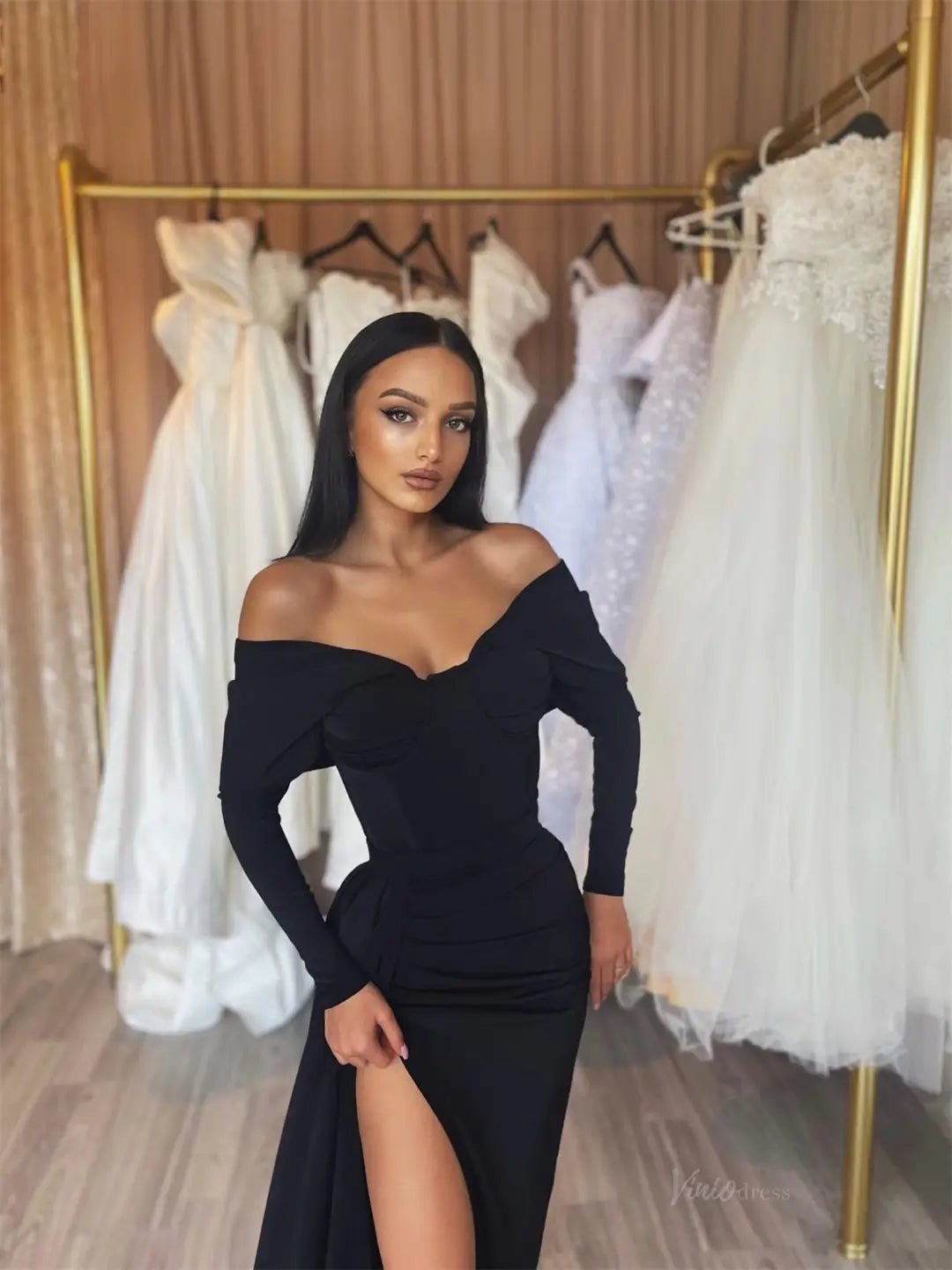 Black Satin Mermaid Prom Dresses 2025 with Slit & Long Sleeve – FD5219-prom dresses 2025 -Viniodress-Black-Custom Size-