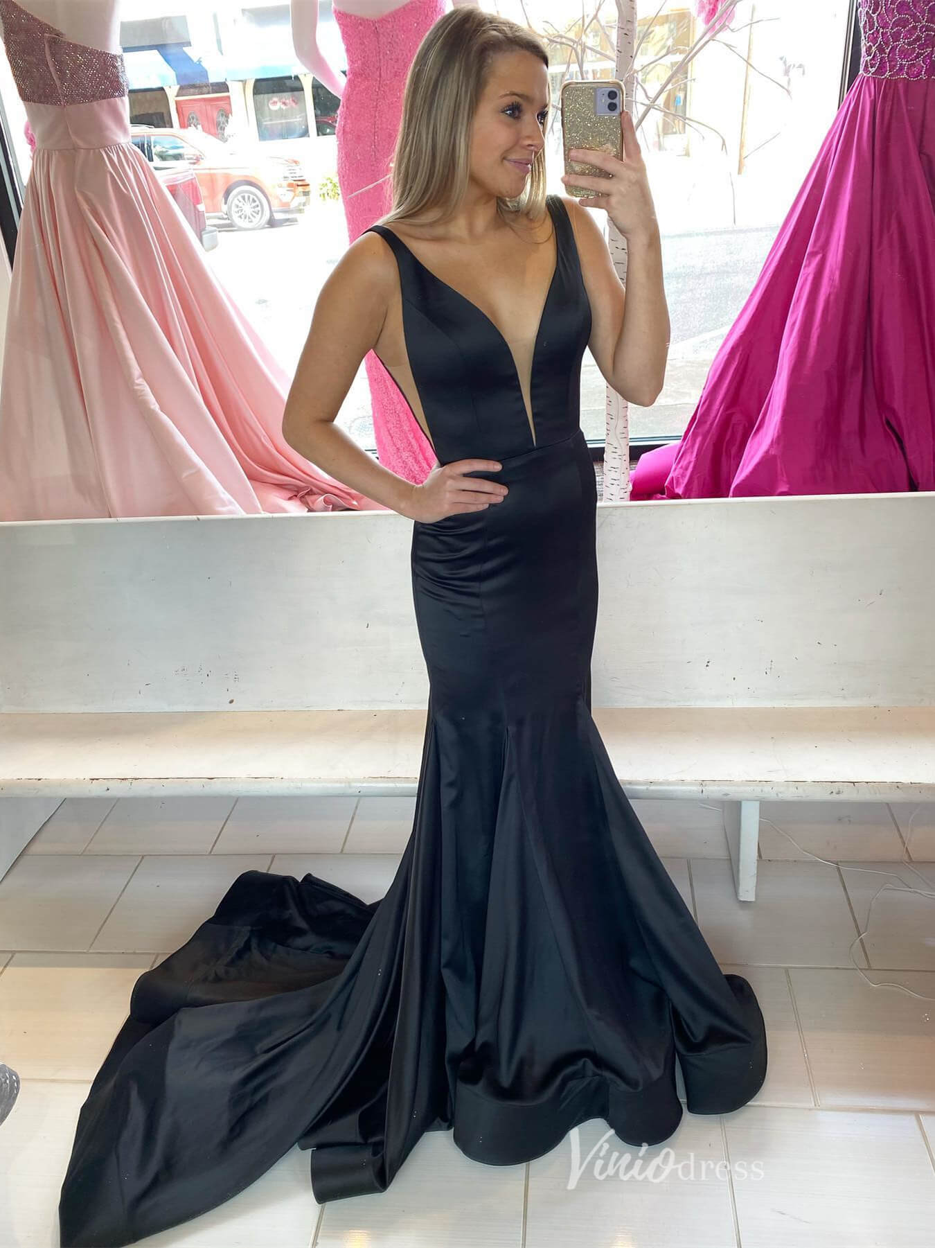 Black Satin Mermaid Prom Dresses Plunging V - Neck Beaded Belt FD2691 - Viniodressprom dressesBlackCustom Size - Formal Dresses - Ball Gowns