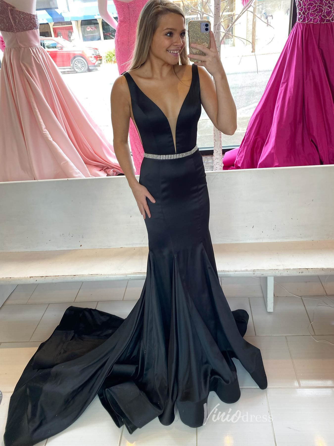 Black Satin Mermaid Prom Dresses Plunging V - Neck Beaded Belt FD2691 - Viniodressprom dressesBlackCustom Size - Formal Dresses - Ball Gowns