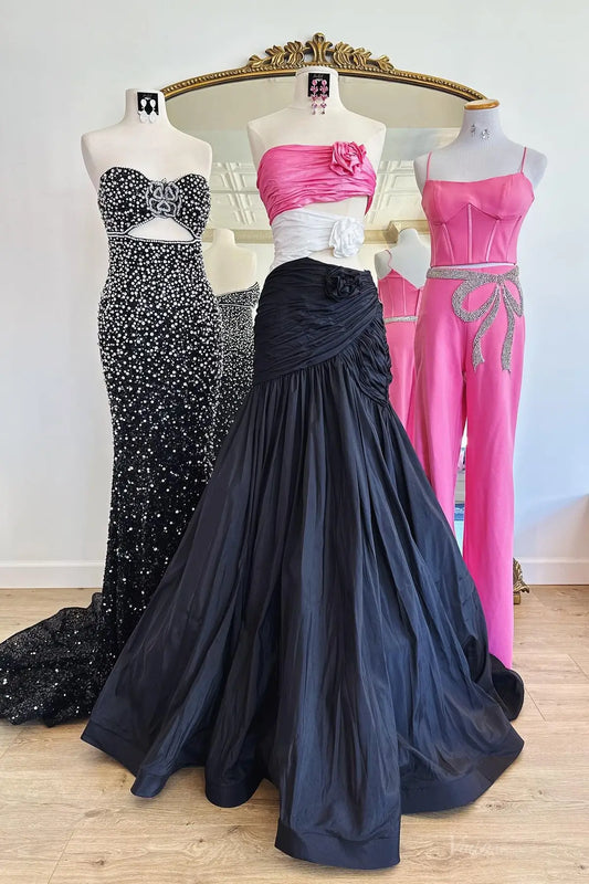 Black Satin Mermaid Prom Dresses with 3D Flower & Ruched Bodice - FD6044-prom dresses 2026-Viniodress-Black-Custom Size-