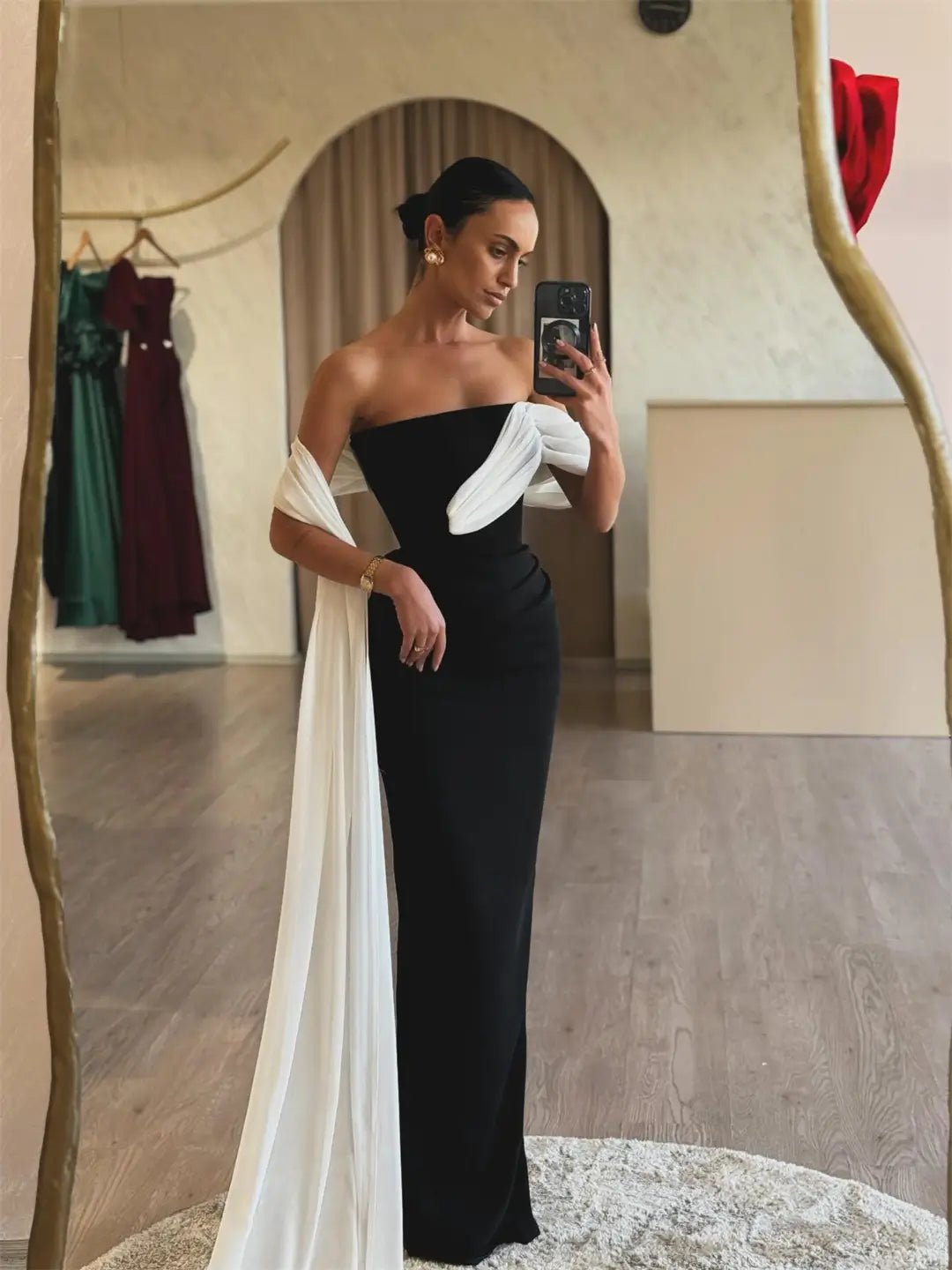 Black Satin Mermiad Prom Dresses 2025 Strapless Formal Dresses with Draped Sleeve FD5233-prom dresses 2025 -Viniodress-Black-Custom Size-