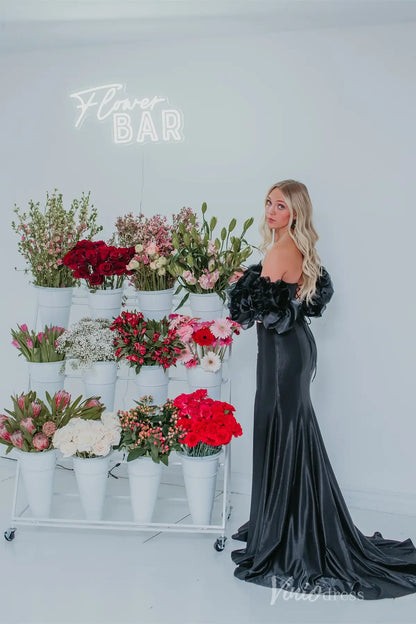 Black Satin Off-Shoulder Prom Dress with 3D Floral Sleeves, High Slit Skirt – SS077-prom dresses 2025 -Viniodress-Black-Custom Size-