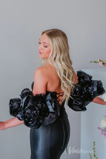 Black Satin Off-Shoulder Prom Dress with 3D Floral Sleeves, High Slit Skirt – SS077-prom dresses 2025 -Viniodress-Black-Custom Size-