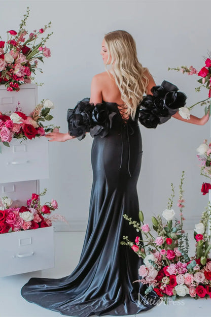 Black Satin Off-Shoulder Prom Dress with 3D Floral Sleeves, High Slit Skirt – SS077-prom dresses 2025 -Viniodress-Black-Custom Size-