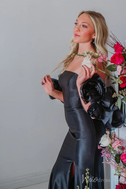Black Satin Off-Shoulder Prom Dress with 3D Floral Sleeves, High Slit Skirt – SS077-prom dresses 2025 -Viniodress-Black-Custom Size-
